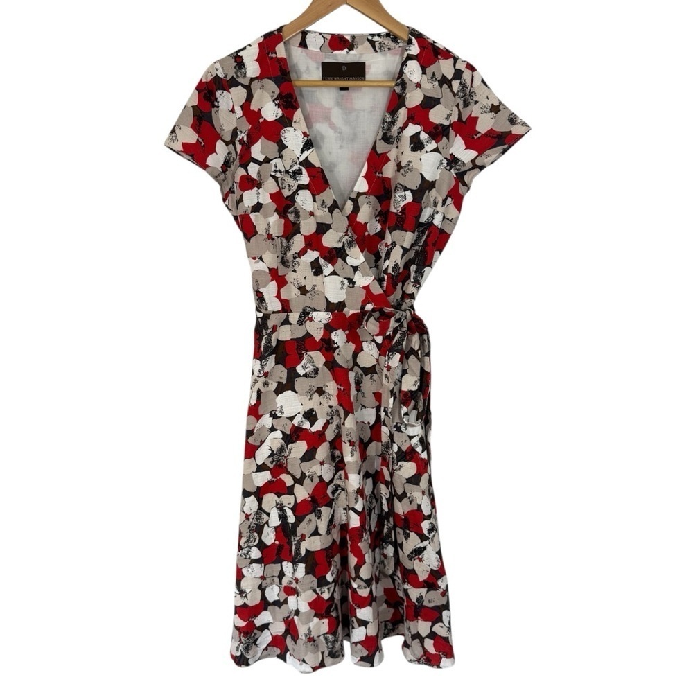 Fenn Wright Manson True Wrap Dress Sz 12 Cream Red Floral A-Line Classy EUC